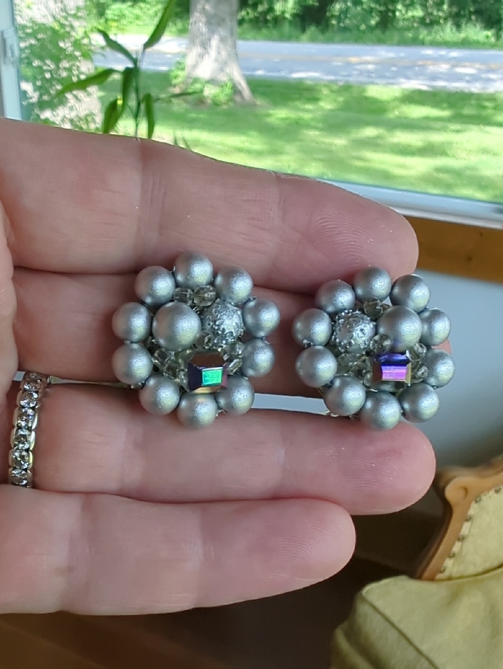 Vintage Signed "Japan" Clip Earrings with Silver Tone Pearl AB Cluster